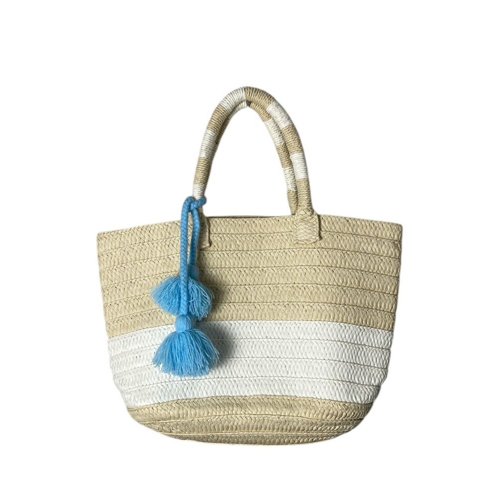 Woven Straw Tote Bag with Blue Tassels - Neutral & White